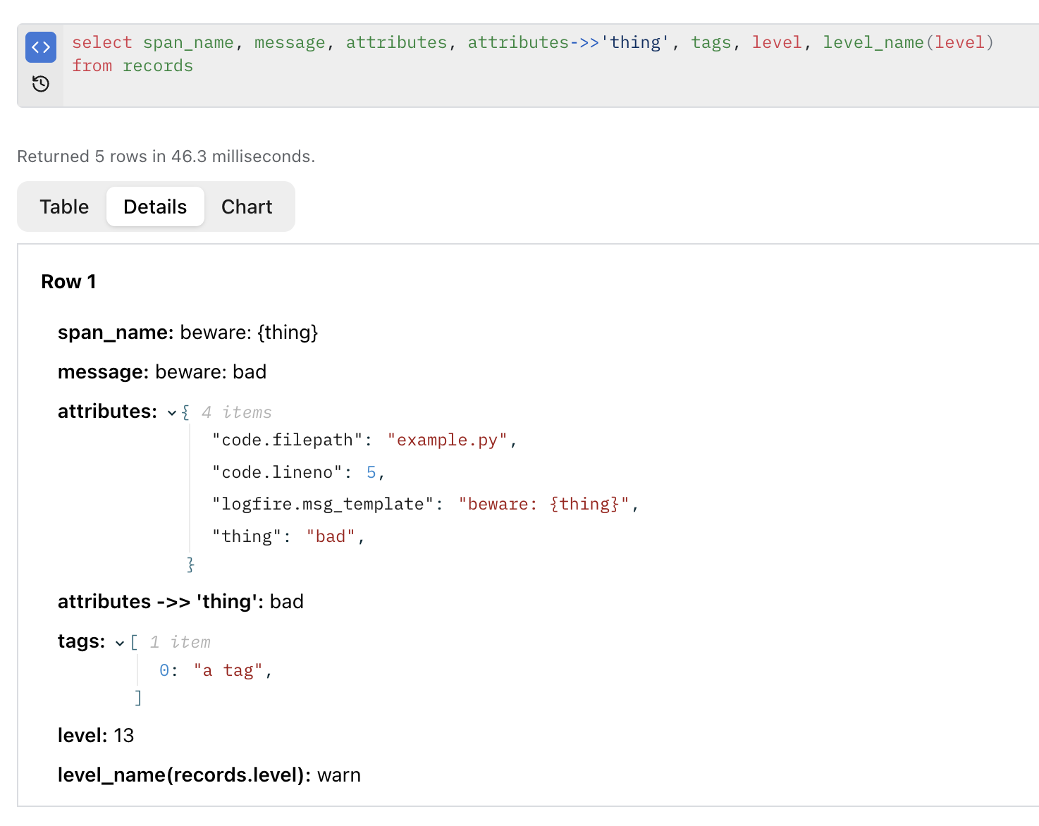 Basic columns example in the explore view